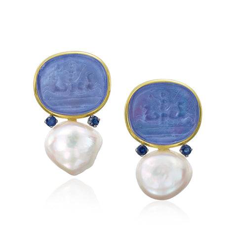 Blue Venetian Glass and Pearl Earrings
