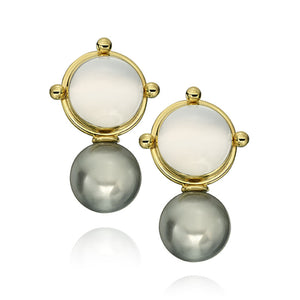 Milk Quartz and Mother of Pearl Doublet and Tahitian Pearl Drop Gold Earring